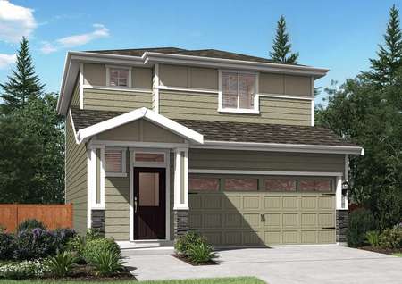 Mason floor plan model home with greenish painted exterior and white trim around the home.
