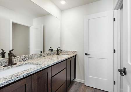 The guest bathroom has a large double sink vanity