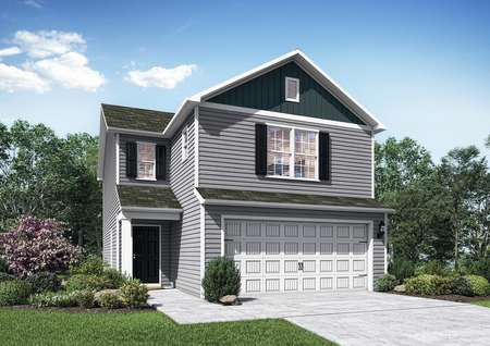 The Ashley exterior with gray siding, a black door, black shutters and a two-car garage.
