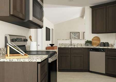 Rendering of the kitchen with light
  flooring, dark wood cabinetry, granite counters and stainless steel
  appliances.