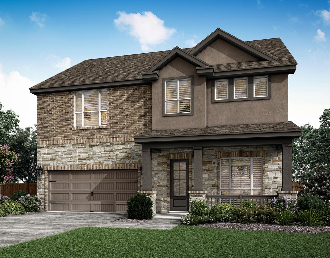 The Brazos plan with a stucco, brick and stone exterior.