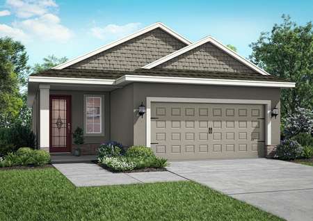 One-story retreat featuring beautiful front yard landscaping, a two-car garage and a covered front patio.