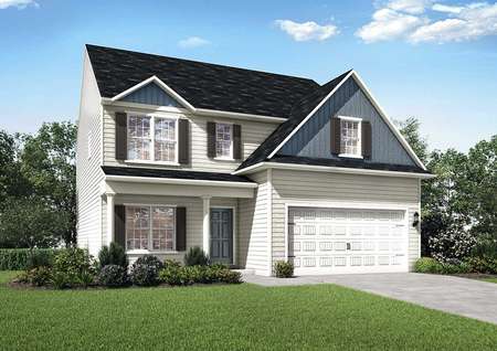 Hartford exterior elevation with two floors, white carriage style garage, and two-tone siding