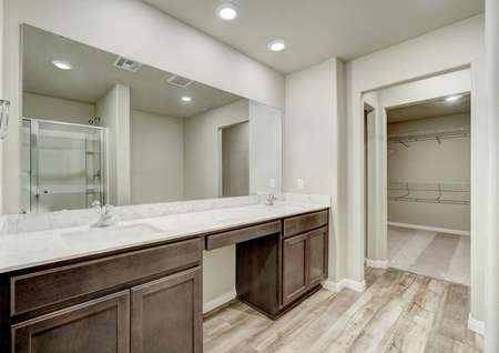 The owner's suite has a double-sink vanity and a walk-in closet in the bathroom.