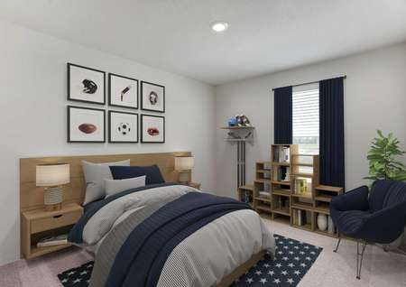 Staged boy's bedroom with carpet, blue and gray decor, singlewindow in center of wall with navy drapes.jpg