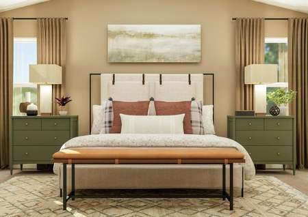 Rendering of the spacious master bedroom
  with vaulted ceiling, two windows and carpeted flooring. The room is
  furnished with a large bed, two nightstands and a rug.