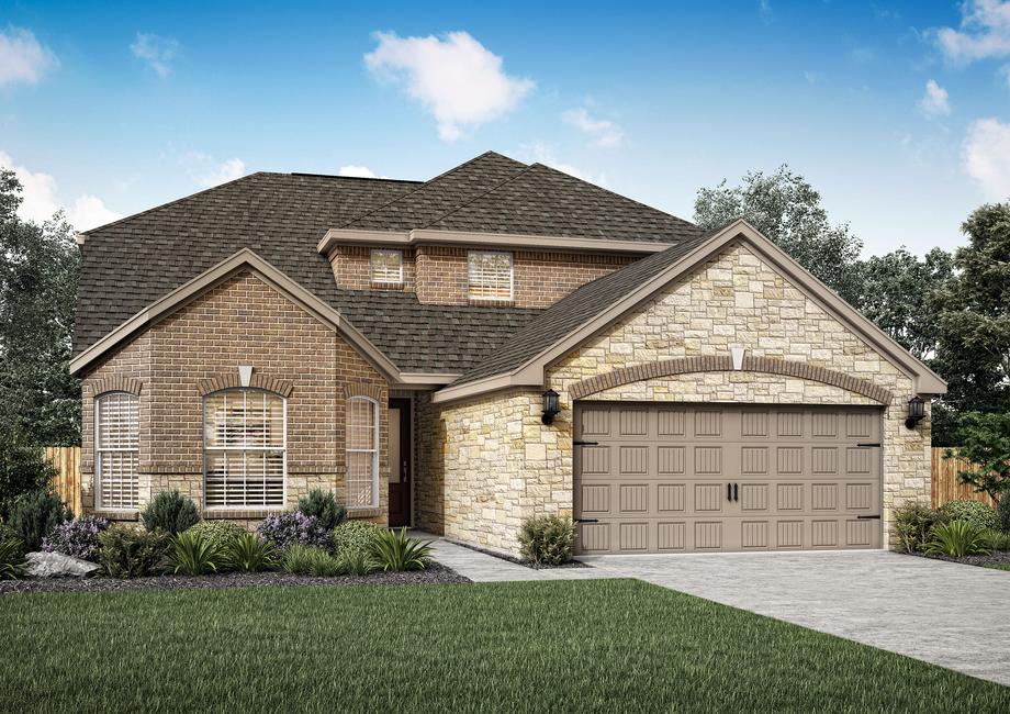 Artist rendering of the front elevation of the Huron C by LGI Homes with brick and stone accents.