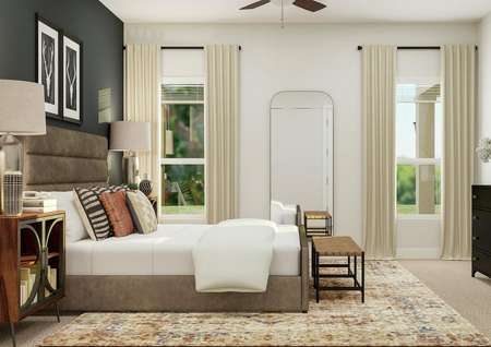 Rendering of the Timberline's master
  bedroom beautifully decorated with dark grey accent wall, full length mirror
  and circular wood art. The large bed and bench sit facing a wide dresser.