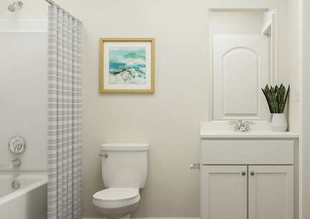 Rendering of a
  bath showing white cabinet vanity, white toilet with beach artwork hanging
  above it and a striped shower curtain to the left.
