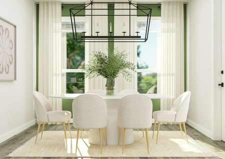 Rendering of the gorgeous dining area of
  the McAlester featuring large windows along a green accent wall and a large
  white dining table underneath black decorative lighting.