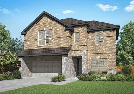 The Stevenson plan is a two-story home with a brick and stone exterior.