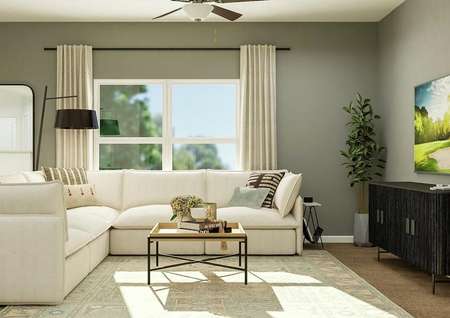Rendering of living area with large
  window and beige curtains.