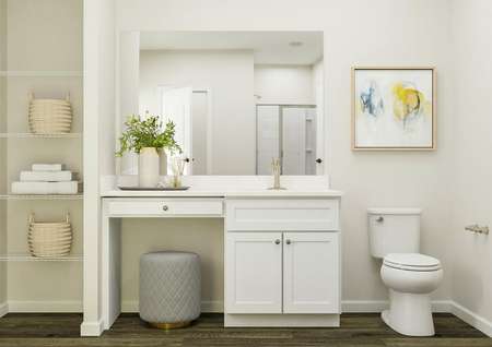 Rendering of the master bath focused on
  the sink with white cabinetry and makeup vanity. On either side of the vanity
  is the toilet and linen storage. The shower is reflected in the mirror.