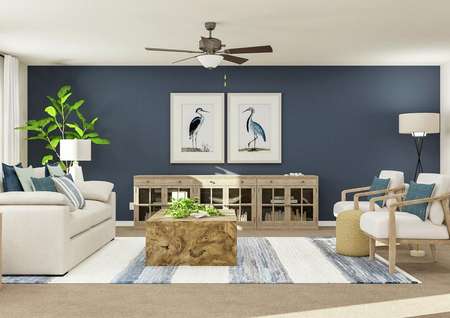 Rendering of the living room from the
  dining area. The space is furnished with a couch, two armchairs, a coffee
  table, blue-and-white striped rug and large artwork of birds.