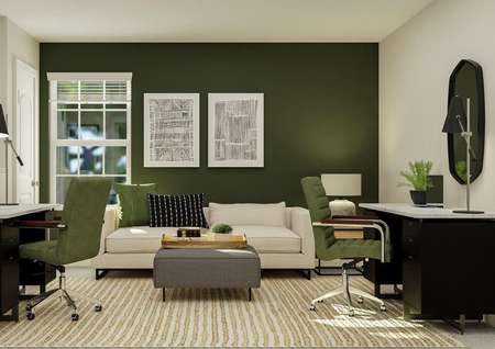 Rendering of the loft furnished with two
  desks and a couch. The space has a window and storage closet.