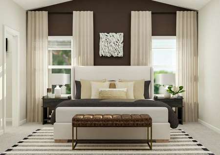 Rendering of the spacious master suite in
  the Allatoona. The room has a high, vaulted ceiling and two windows. A large
  bed sits between two nightstands and a bench is placed at the foot of it.