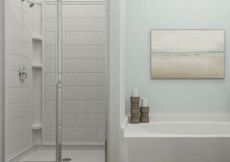 Rendering of the
  master bathroom with a spacious shower and separate tub decorated with
  candles.