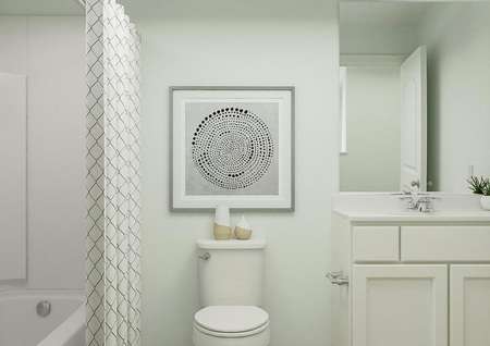 Rendering of a full bath with white
  cabinet vanity, toilet and shower with a diamond-patterned curtain.