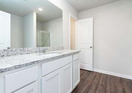 Master bathroom with white cabinets and granite countertops.