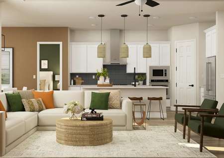 Rendering highlighting the open floor
  plan in the Iris. The beautiful kitchen overlooks the spacious living room.