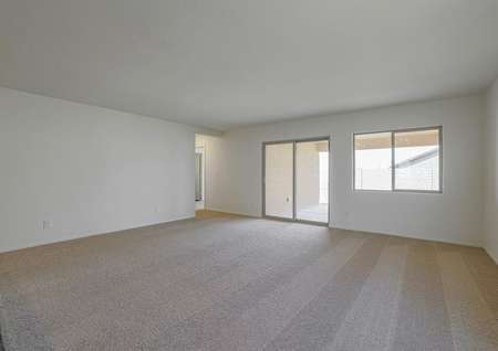 Spacious family room with tan carpet and access to the back yard.