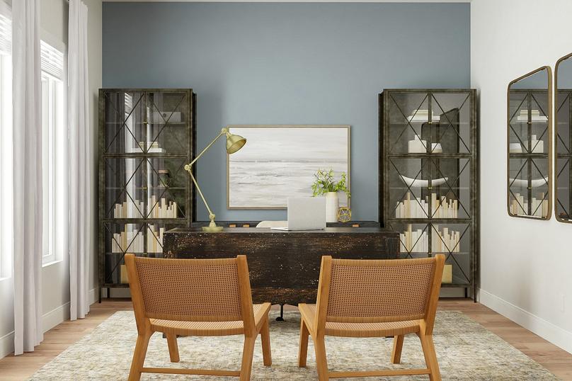 Rendering of flex room furnished as a
  home office featuring a rustic desk, two armchairs and matching bookcases in
  front of a blue accent wall.