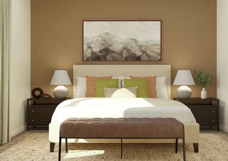 Rendering of the master suite featuring a
  large bed, nightstands, and a view of the bathroom to the right.