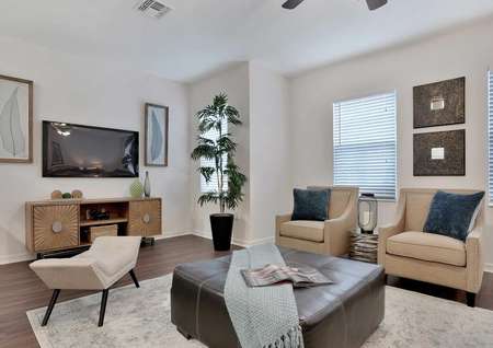 Pine model home staged with living room furniture including two light brown chairs with navy blue pillows, brown leather ottoman / coffee table with blue blanket on it, and wallart in the background