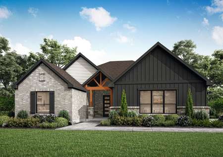 The Hudson offers a beautiful exterior with light gray brick and dark siding.