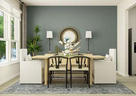 Rendering of the dining room which has
  wood-style flooring, a wall of windows and an accent wall that has been
  painted blue. The room is furnished with a blue rug, buffet, potted tree,
  rectangular table and six dining chairs.