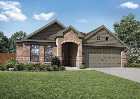 Erie home plan exterior front with green grass, carriage garage doors, and brick façade finish