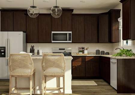 Rendering of the kitchen in the Roosevelt
  floor plan which has dark brown cabinetry, granite countertops, stainless
  steel appliances, an island with two stools and a window.