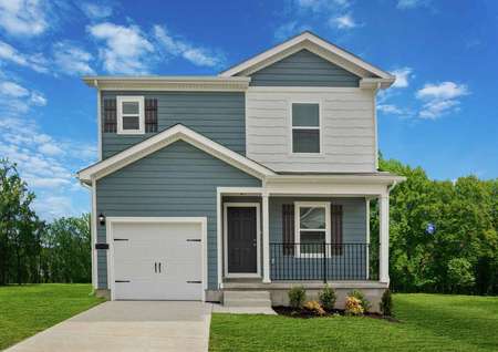 The Cumberland two-story model house with a single-car garage, white and blue exterior siding with white trim and professional landscaping