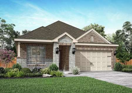 Exterior rendering of the one-story Basswood floor plan with brick and stone masonry, front yard landscaping and a two-car garage