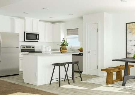 Rendering of kitchen area with view from
  living room with white finishes.