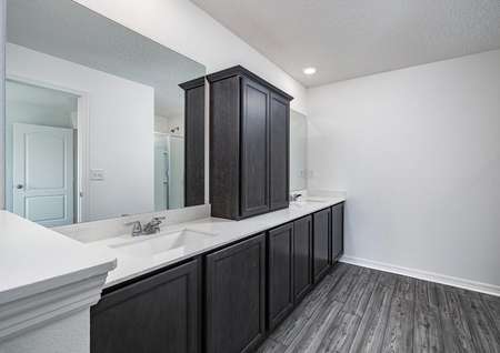 Double-sink vanity with plenty of cabinet space in the master retreat's full bathroom.