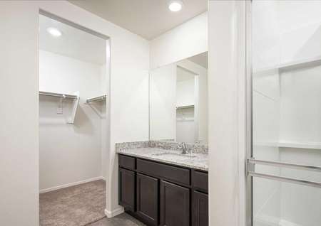 The Luna floorplan shows the master bath room with granite countertops and a view of the walk in closet.