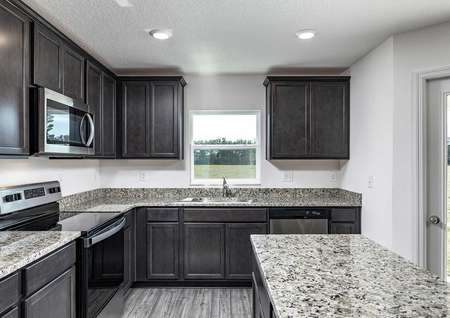 Close-up view of kitchen's granite countertops, installed appliances and incredible cabinet space.