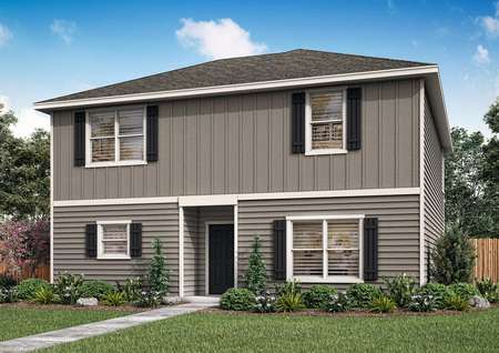 The Young plan has dark gray siding and front yard landscaping.