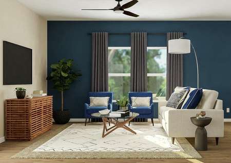 Rendering of living room with white
  couch, round glass coffee table, blue accent chairs and large window