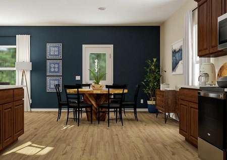 Rendering of the
  dining room adjacent to the kitchen with light wood-look flooring, two
  windows and a door to the back yard. Decorated with a dining table and buffet
  cabinet. 