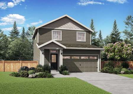 The Northwest Chelan rendering showing the front of the 2 story house with attached garage. 