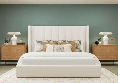 Rendering of the master bedroom in the
  Nicollet. A large bed sits between two wooden nightstands against a wall
  painted blue. 