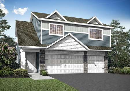 Artist rendering of the front elevation of the split-level St. Harrison plan by LGI Homes in blue-gray siding with white trim, gray stone accents and a three-car garage.