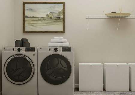 Rendering of the laundry room with
  washer, dryer, three clothes hampers and shelf. 