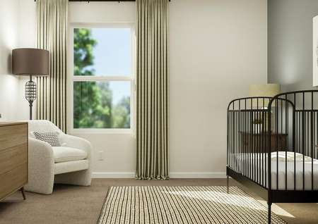 Rendering of a nursery looking towards
  the window. The room has carpeted flooring and is furnished with a crib,
  dresser and chair.