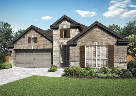 The Caldwell plan has a stunning brick and stone exterior with the accent of window shutters.