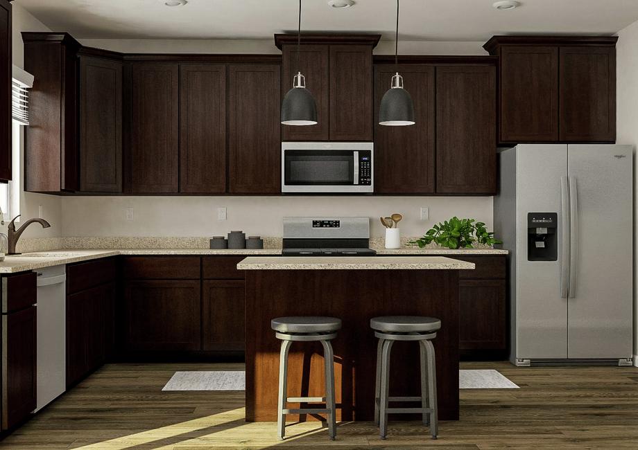 Rendering of the spacious kitchen in the
  San Juan, which has large brown cabinetry, granite countertops, stainless
  steel Whirlpool brand appliances and an island with two stools.