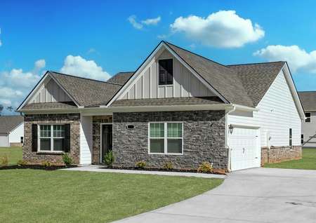 One-story homes with front yard landscaping and side-entry garage