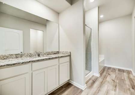 The master bath has a beautiful vanity, tile-lined shower and large, soaker tub.